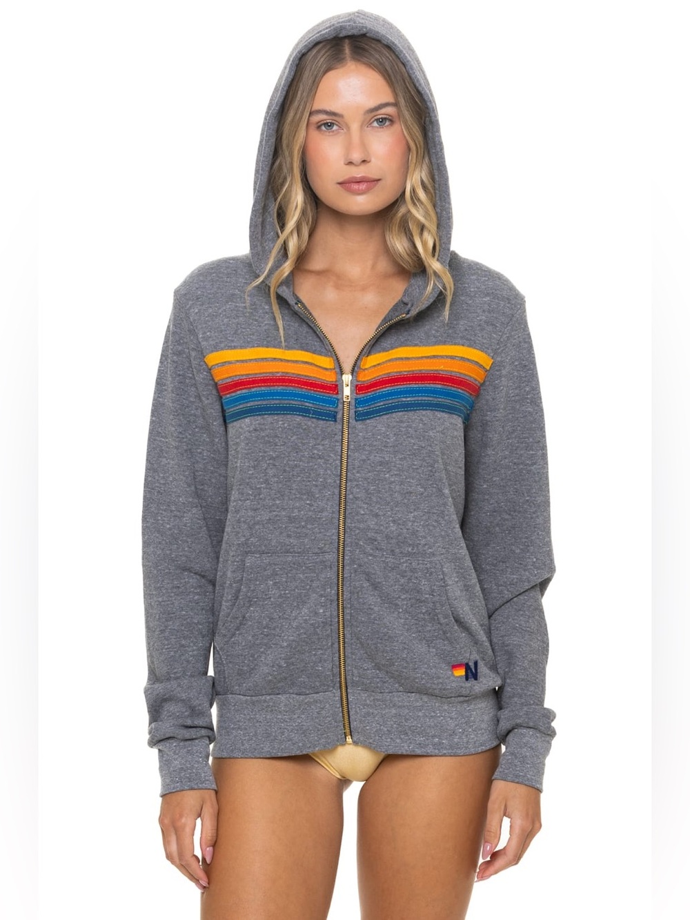 Aviator Nation 5 Stripe Hoodie - Heather Grey Size Medium